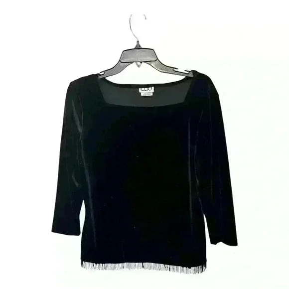 Vintage Clio Black Velvet Beaded Fringe Top, M - Picture 1 of 5